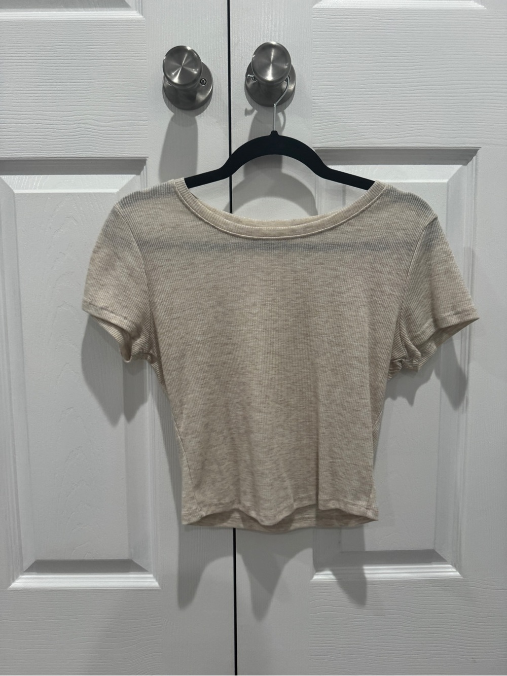 Bozzolo Cream Ribbed Short Sleeve Crop Top
